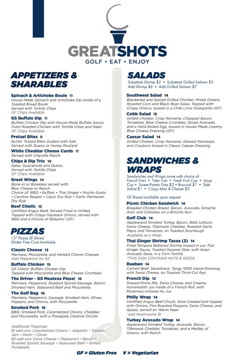 Great Shots Food Menu page 1